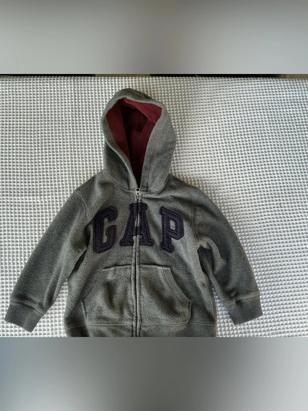 GAP Kids Gray Fleece Zip Hoodie with Maroon Hood Lining